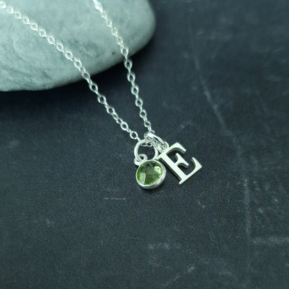 Peridot August Birthstone Initial Sterling Silver Necklace