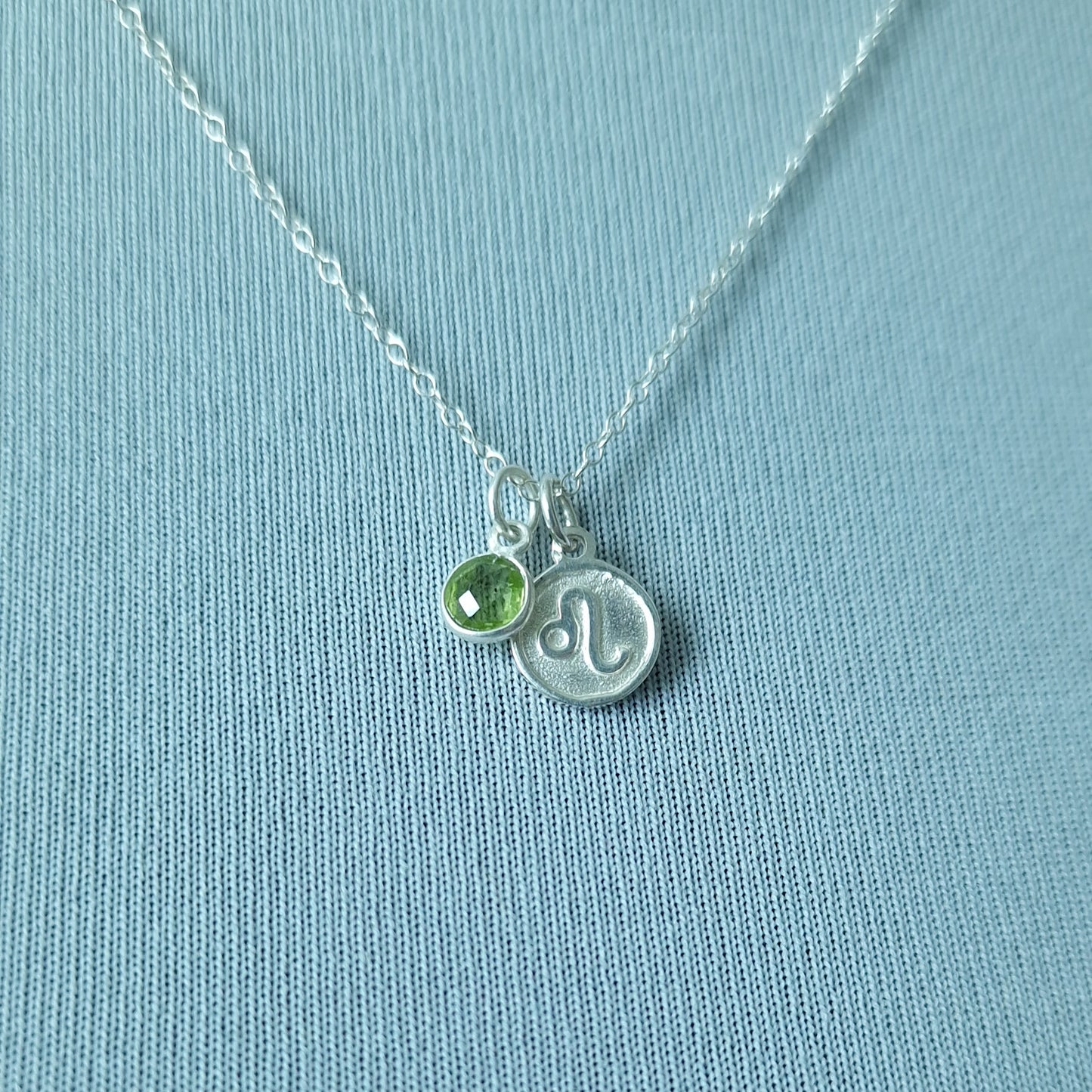 Leo and Peridot Birthstone Double Pendant Necklace Sterling Silver - Zodiac Jewellery Set