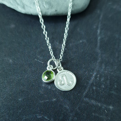 Leo and Peridot Birthstone Double Pendant Necklace Sterling Silver - Zodiac Jewellery Set