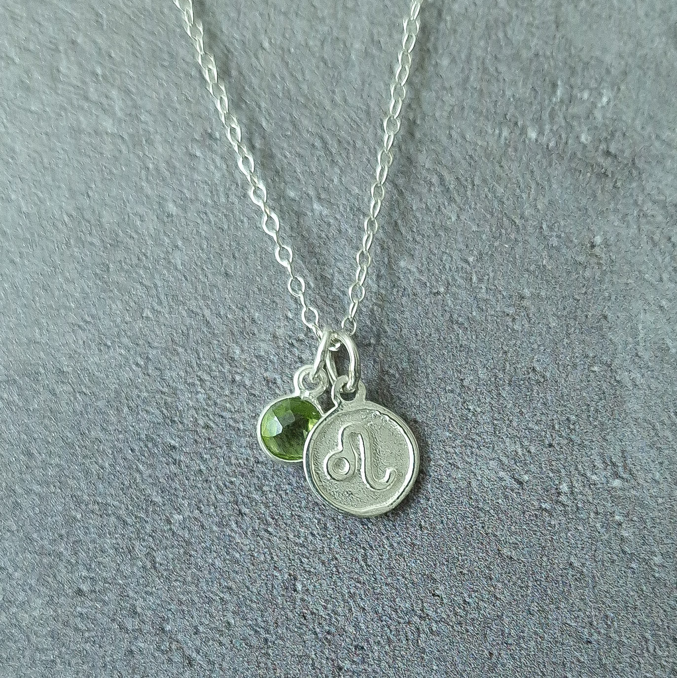 Leo and Peridot Birthstone Double Pendant Necklace Sterling Silver - Zodiac Jewellery Set