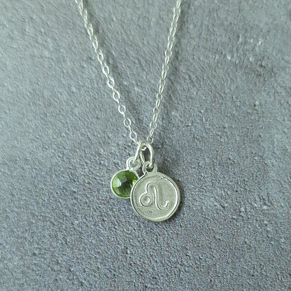 Leo and Peridot Birthstone Double Pendant Necklace Sterling Silver - Zodiac Jewellery Set