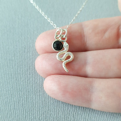 Snake pendant necklace sterling silver with Black Onyx birthstone pendant