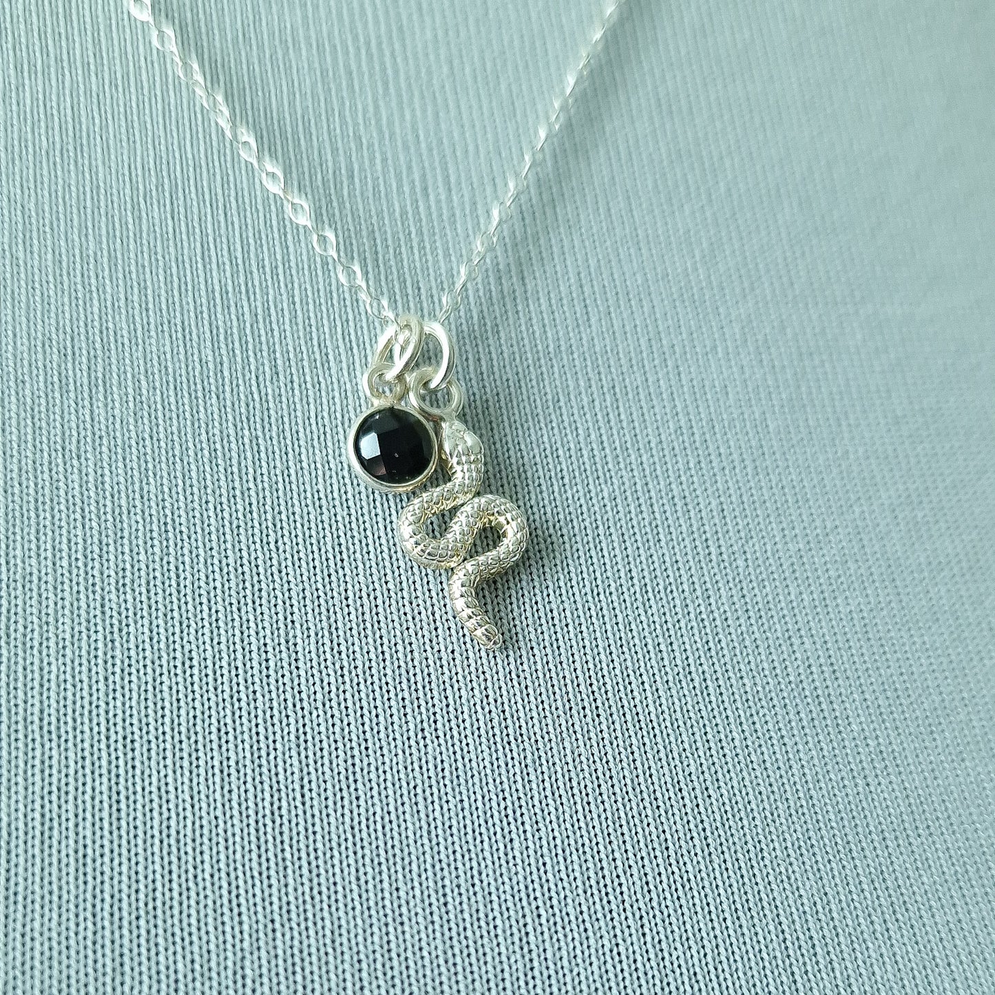 Snake pendant necklace sterling silver with Black Onyx birthstone pendant