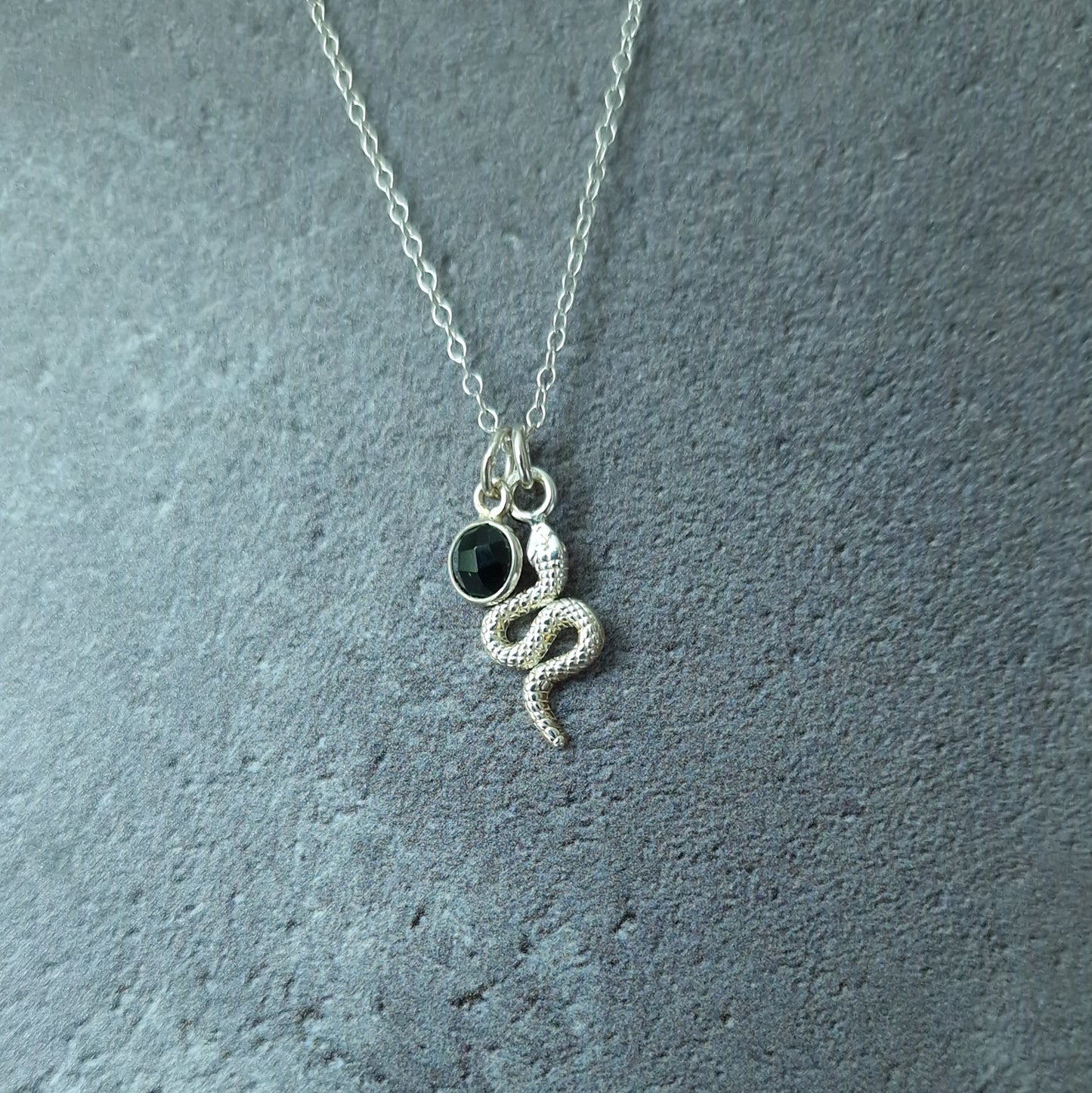 Snake pendant necklace sterling silver with Black Onyx birthstone pendant