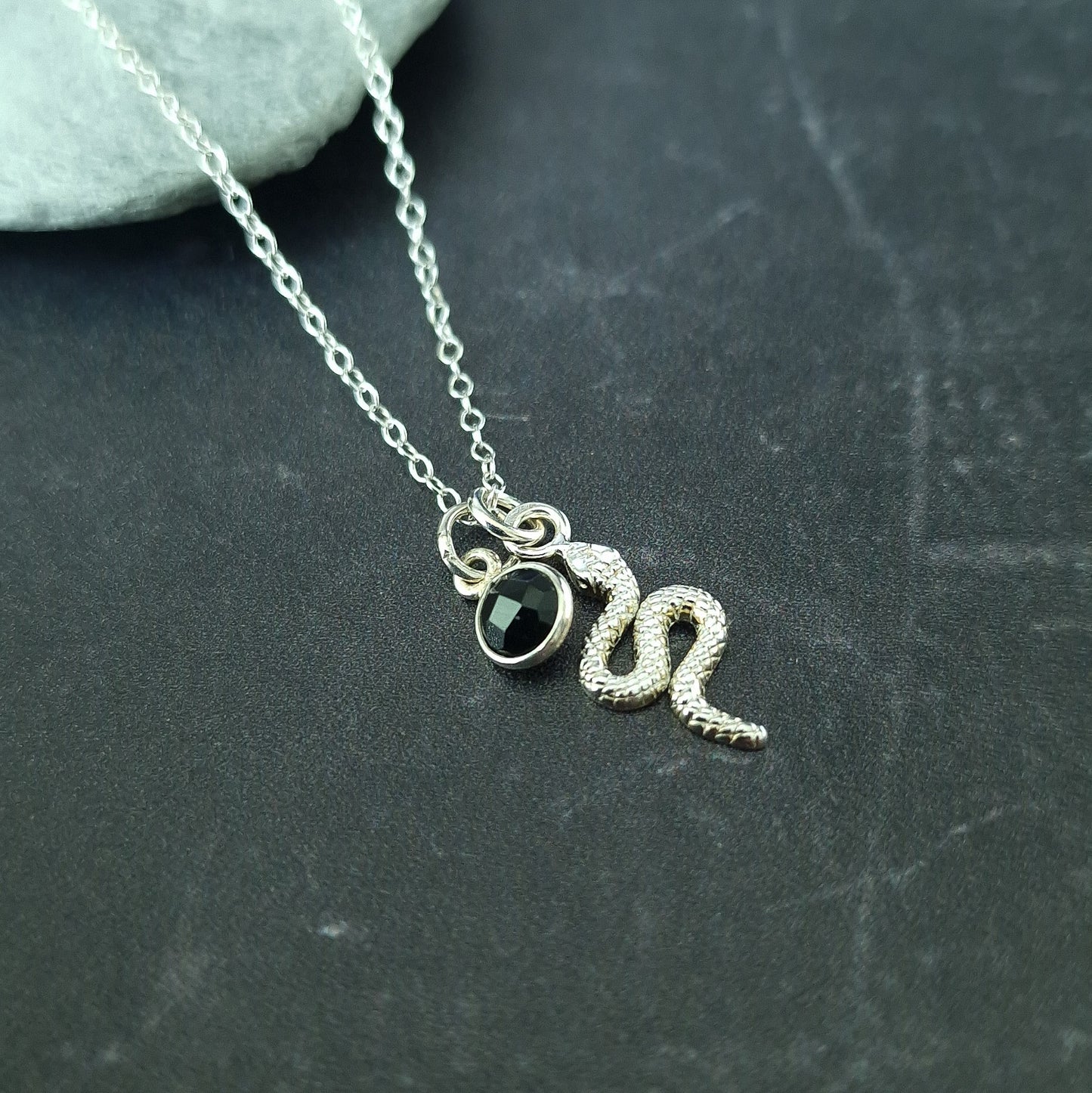 Snake pendant necklace sterling silver with Black Onyx birthstone pendant