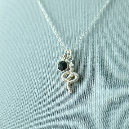 Snake pendant necklace sterling silver with Black Onyx birthstone pendant