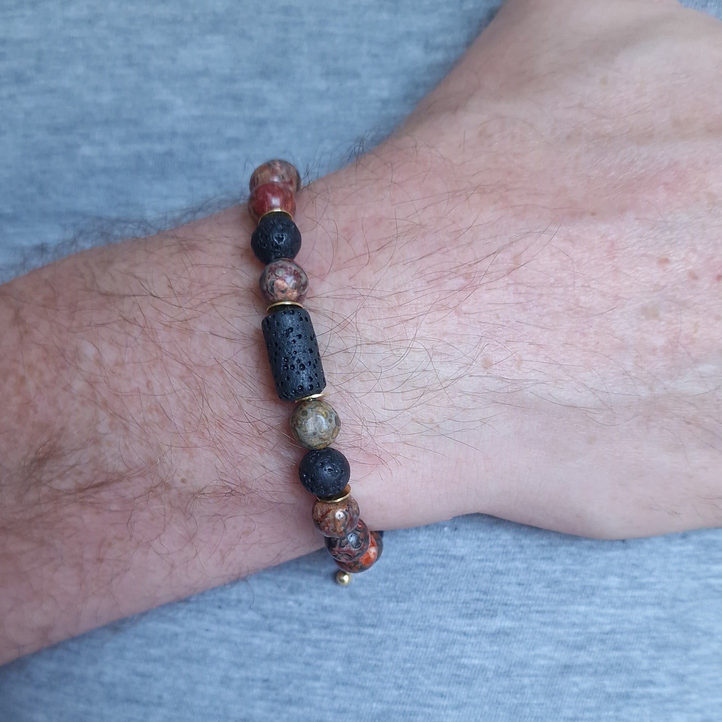 Men's Leopard Skin Jasper Natural Stone Bracelet in Gold Vermeil