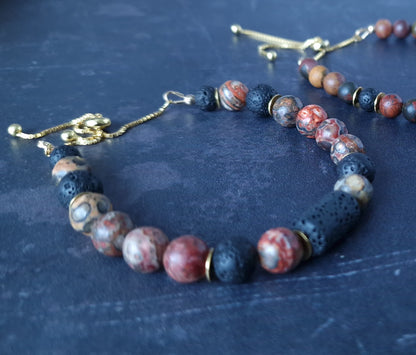 Men's Leopard Skin Jasper Natural Stone Bracelet in Gold Vermeil