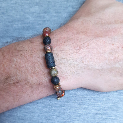 Man wearing Leopard Skin Jasper Gold beaded bracelet