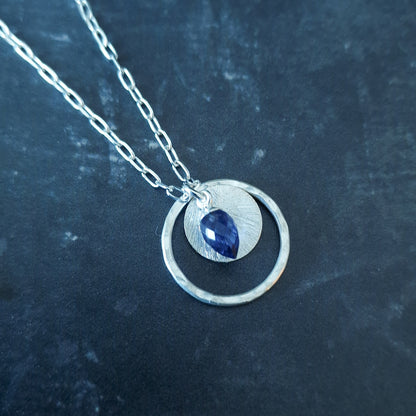 Iolite Circle Pendant in Sterling Silver, Water Sapphire Statement Necklace, Perfect Mum Gift