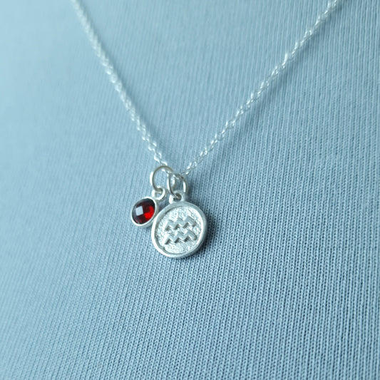 Aquarius and garnet double pendant necklace in sterling silver