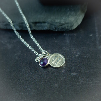 Aquarius and amethyst charm necklace in sterling silver