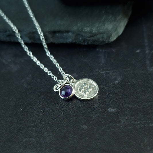 Aquarius and amethyst charm necklace in sterling silver