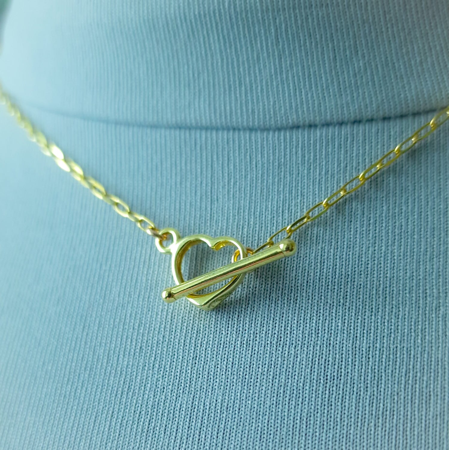 Gold heart toggle necklace - dainty t-bar mini paperclip chain necklace