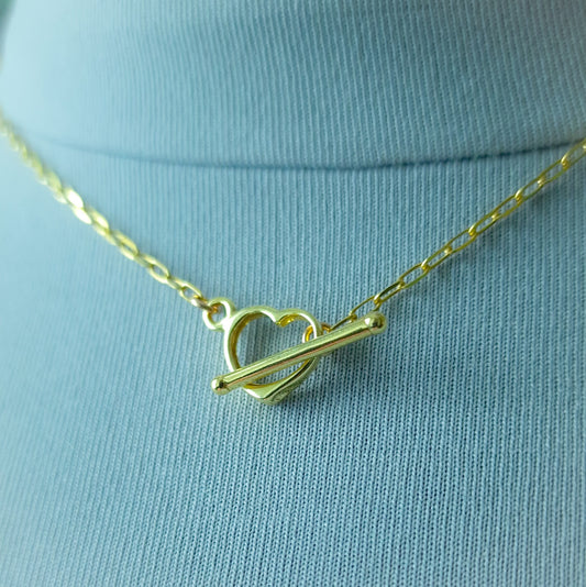 Gold heart toggle necklace - dainty t-bar mini paperclip chain necklace