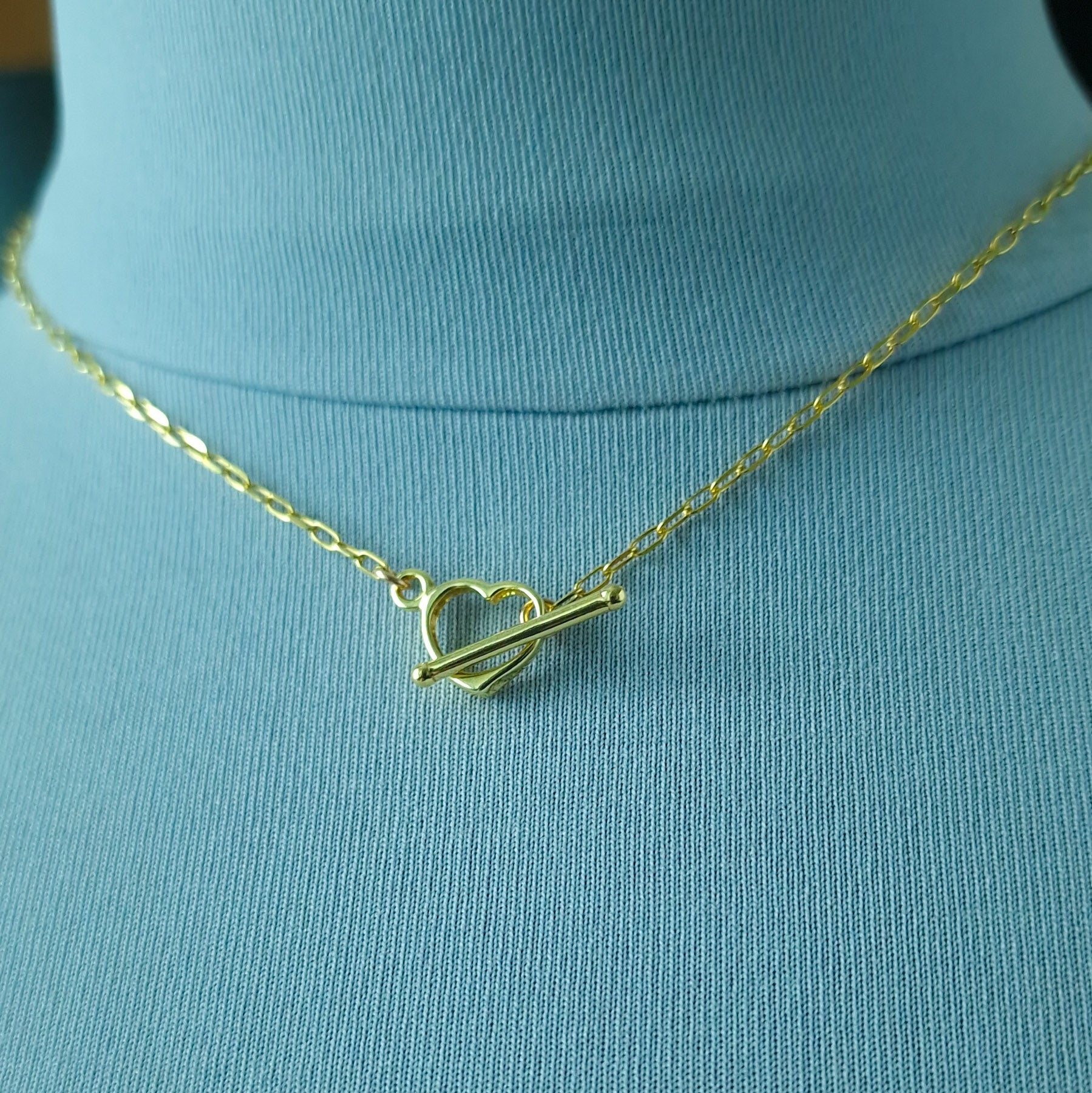 Gold heart toggle necklace - dainty t-bar mini paperclip chain necklace