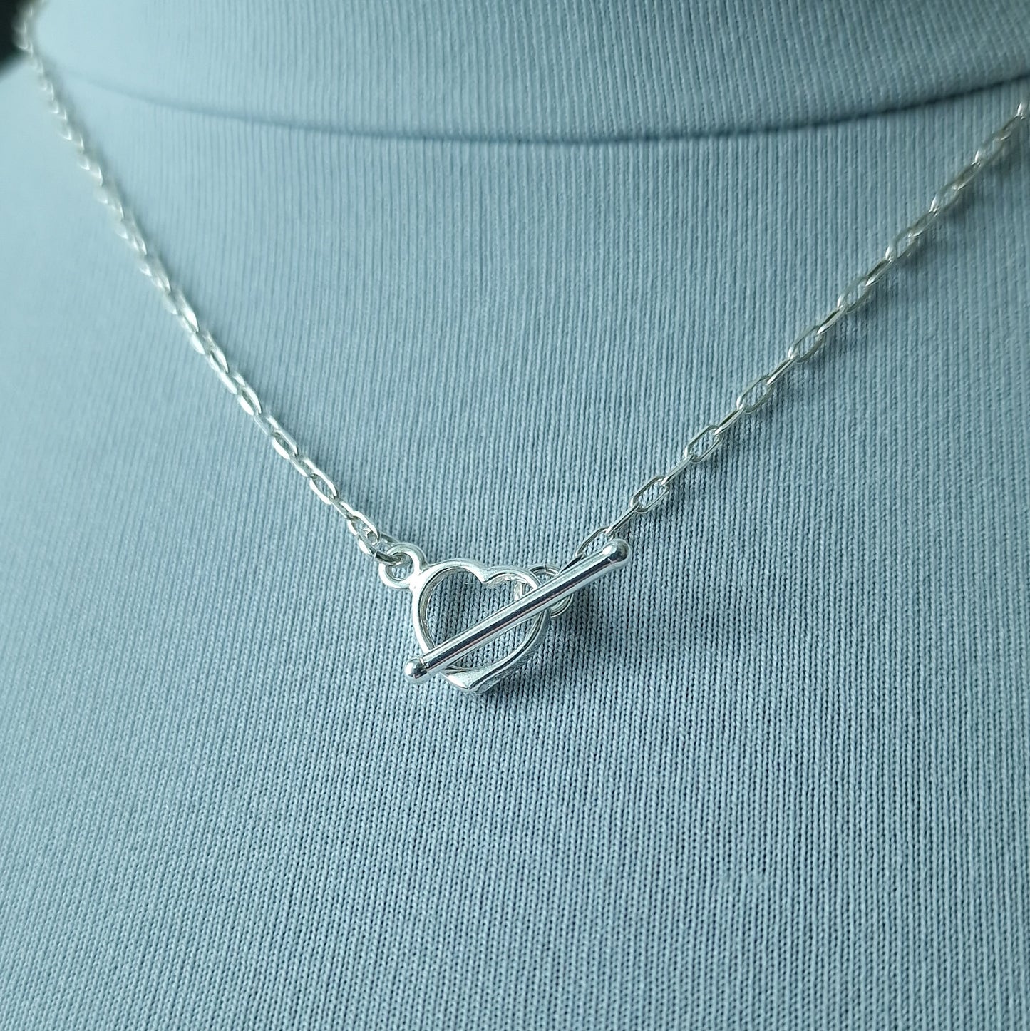 Sterling silver heart toggle necklace - dainty t-bar mini paperclip chain necklace