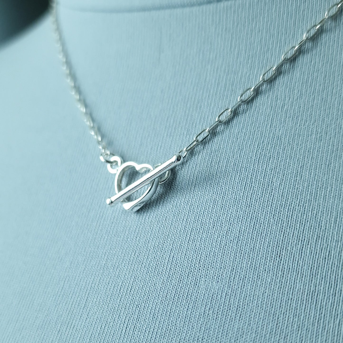 Sterling silver heart toggle necklace - dainty t-bar mini paperclip chain necklace