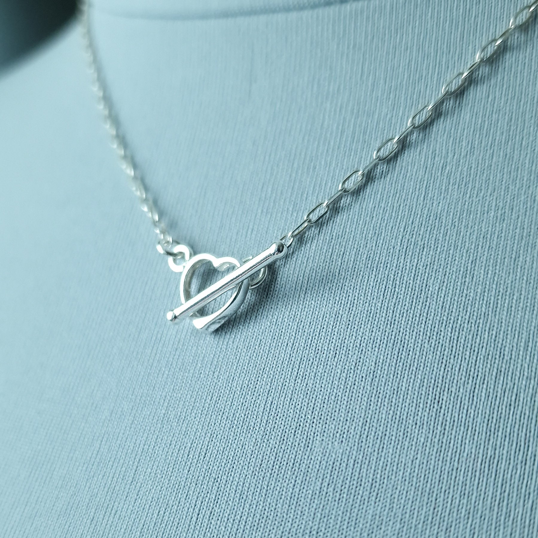 Sterling silver heart toggle necklace - dainty t-bar mini paperclip chain necklace