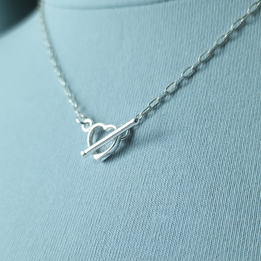 Sterling silver heart toggle necklace - dainty t-bar mini paperclip chain necklace