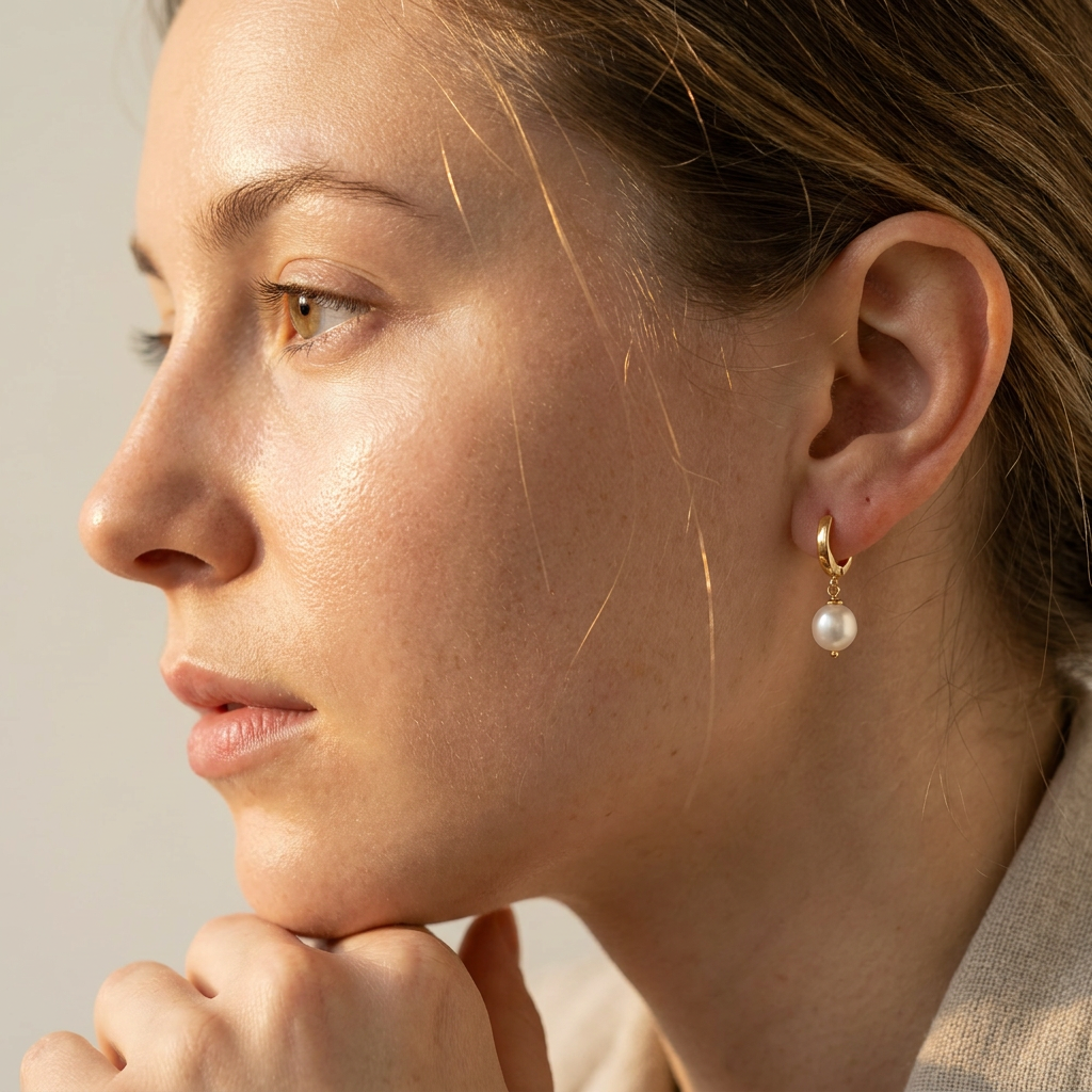 Side profile of woman with gold vermeil pearl huggie hoop earring