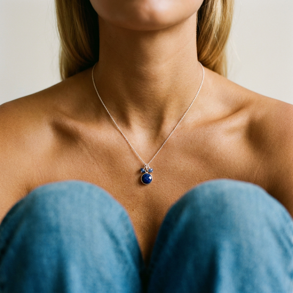 woman wearing silver blue sapphire circle necklace - Marie Nicole Bijoux