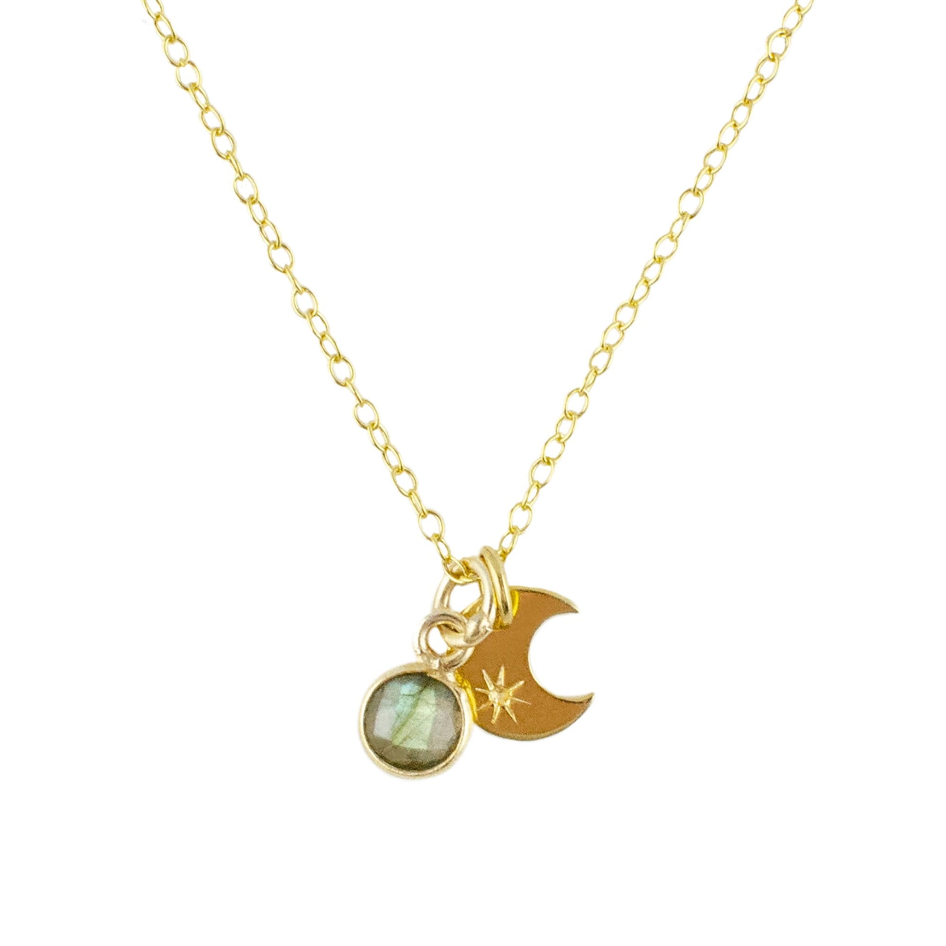 Marie Nicole Bijoux - close up of gold pendant necklace with a crescent moon and labradorite stone pendants