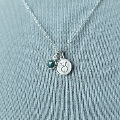 Taurus Necklace - Sterling Silver with Emerald Pendant Charm May Birthday Gift and Birthstone Jewellery