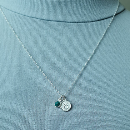 Taurus Necklace - Sterling Silver with Emerald Pendant Charm May Birthday Gift and Birthstone Jewellery