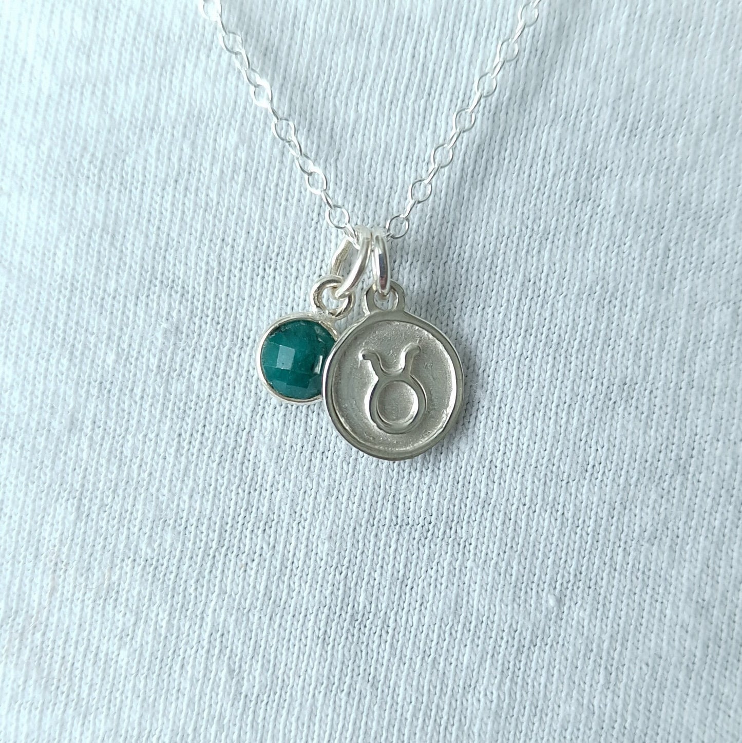 Taurus Necklace - Sterling Silver with Emerald Pendant Charm May Birthday Gift and Birthstone Jewellery