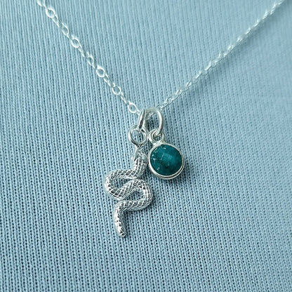 Snake pendant necklace sterling silver with Emerald birthstone pendant