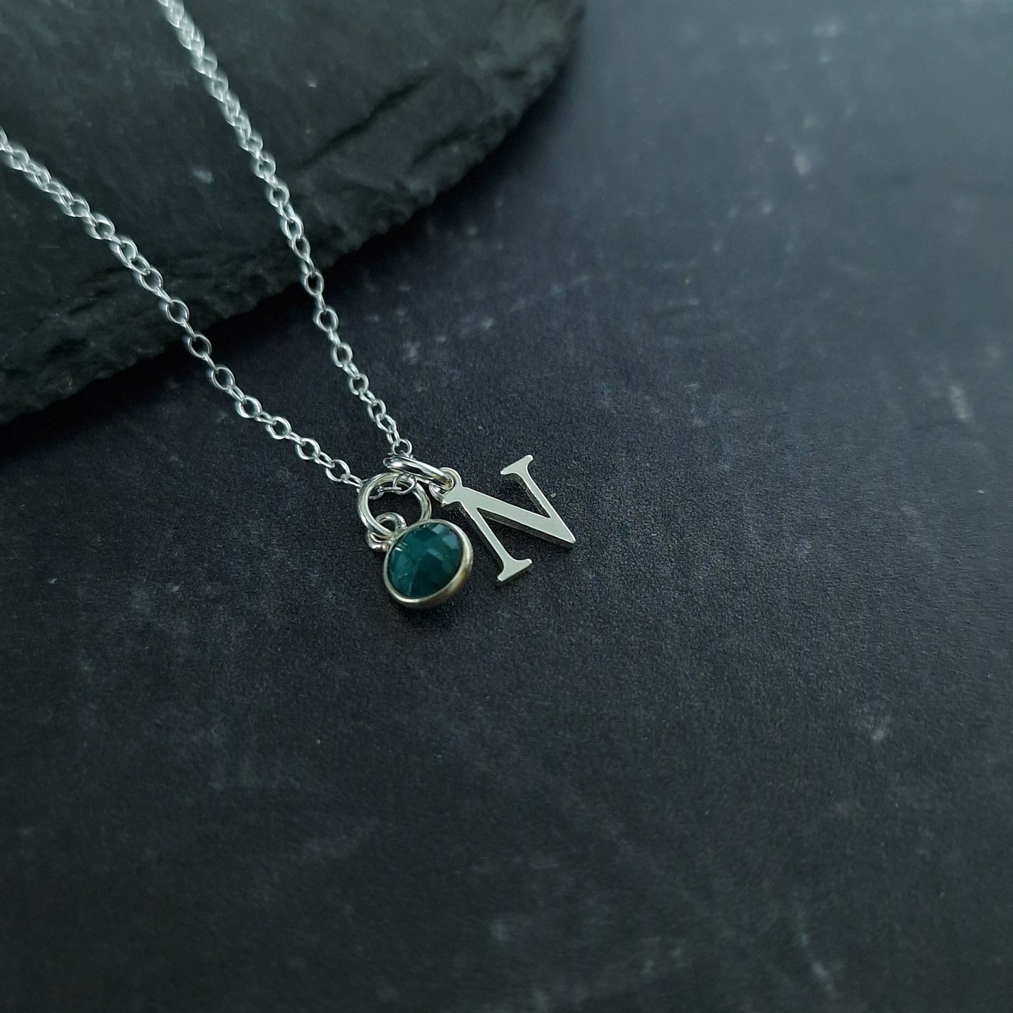 Initial Birthstone Necklace - Sterling Silver May Emerald Pendant for Taurus Birthday and Astrology Gifts