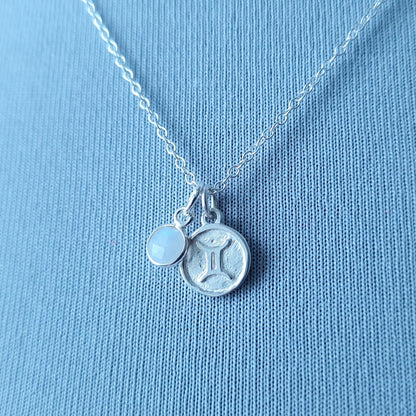 Silver Gemini Star Sign Necklace with Moonstone Birthstone