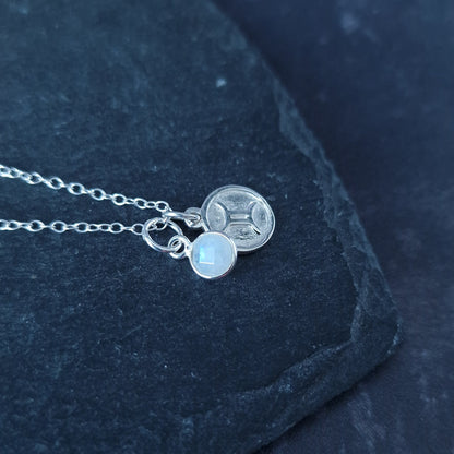 Silver Gemini Star Sign Necklace with Moonstone Birthstone