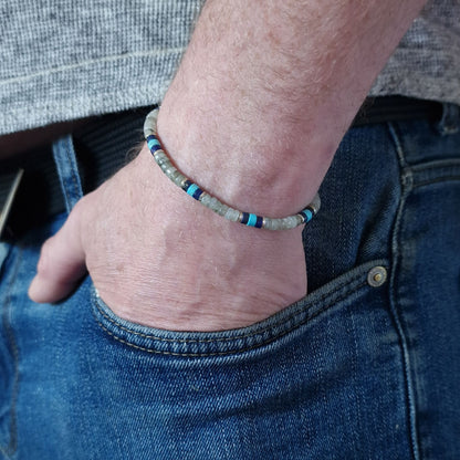 Mens Turquoise Beaded Sterling Silver Bracelet with Lapis and Labradorite Stones - Stylish Gift for Him