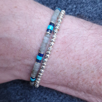 Turquoise mens sterling silver bracelet stack set of two