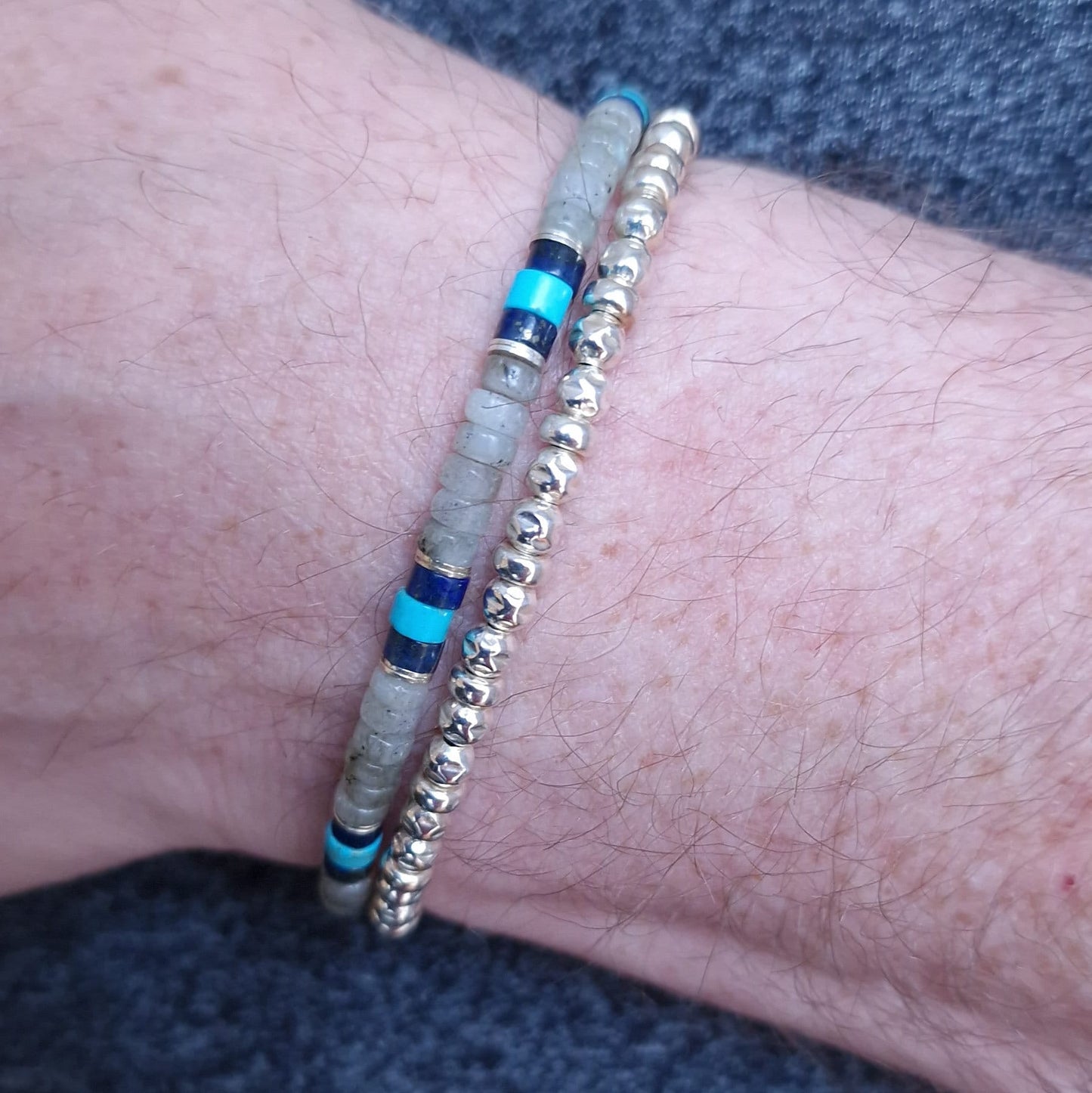 Mens Turquoise Sterling Silver Bracelet Stack Set - Stacking  Beaded Stone Bracelets for Him