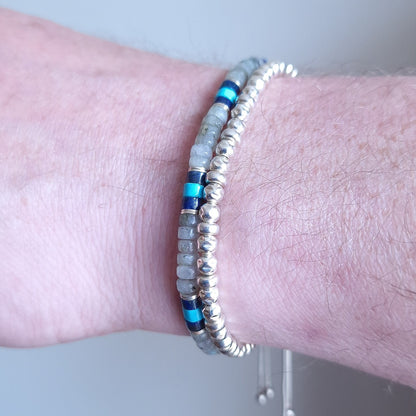 Turquoise mens sterling silver bracelet stack set of two