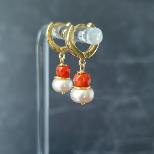 Blush Pearl and Coral Huggie Hoop Earring Gold Vermeil