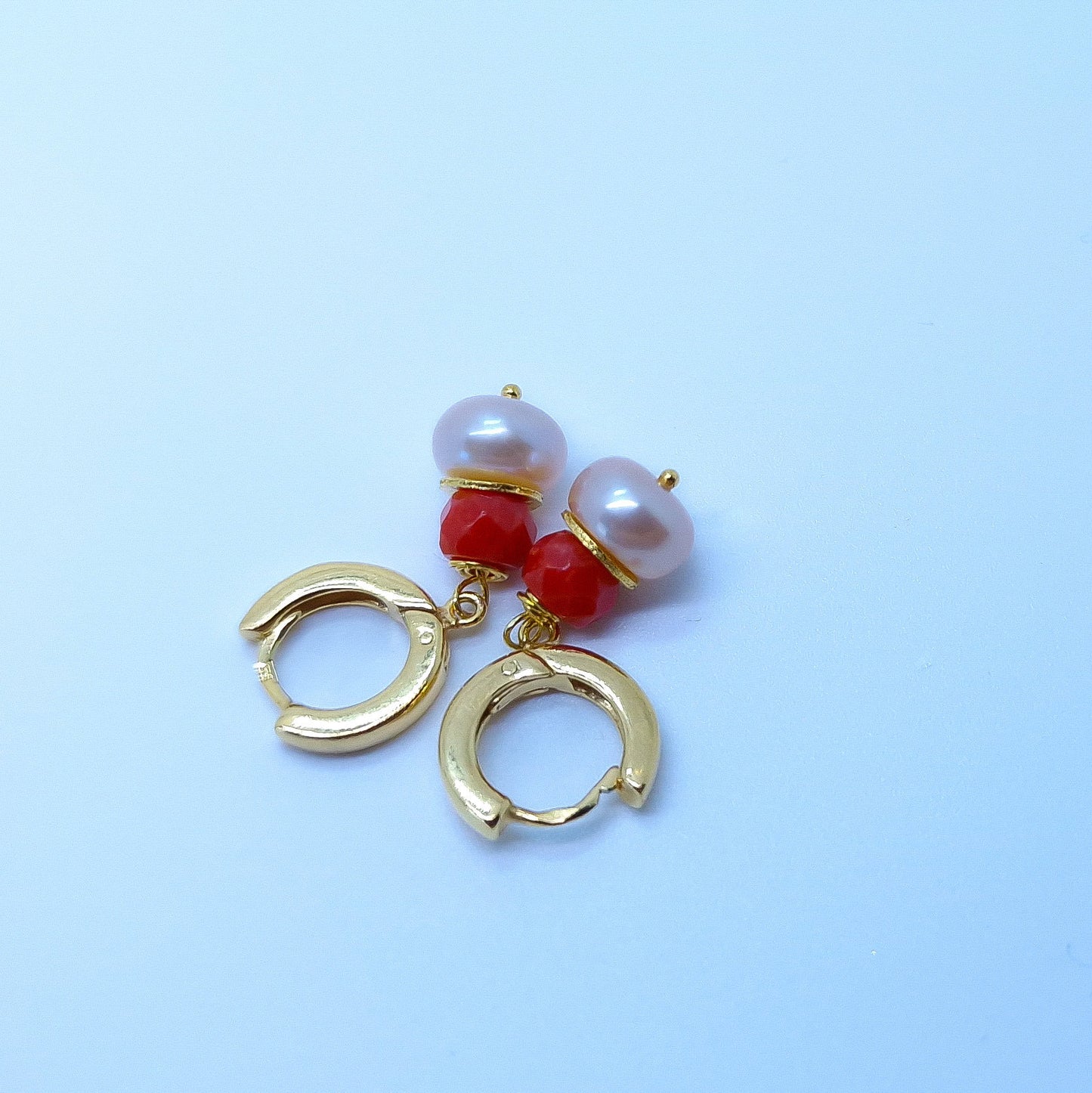 Blush Pearl and Coral Huggie Hoop Earring Gold Vermeil