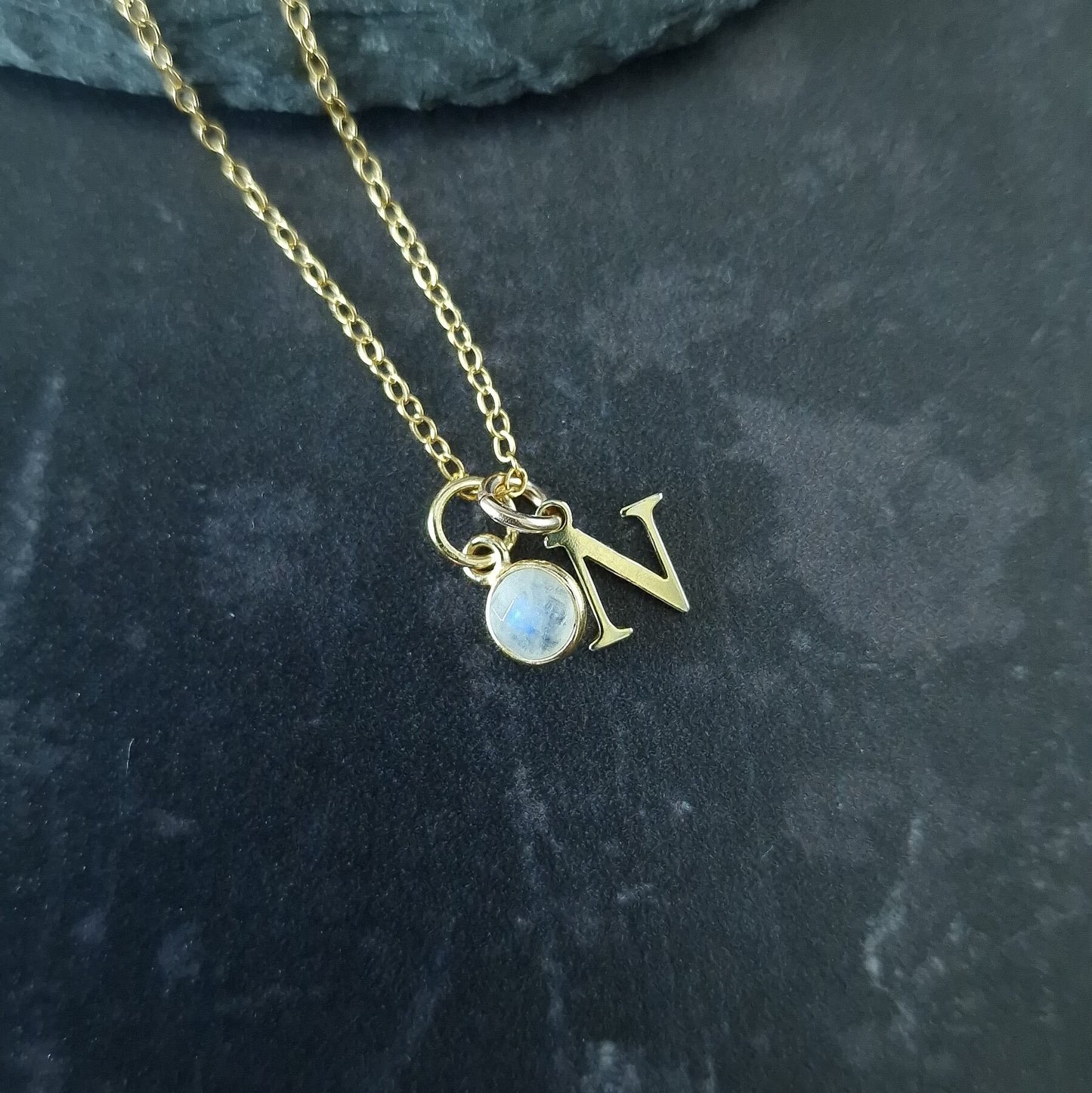 Gold Initial birthstone moonstone necklace in gold vermeil, June birthstone necklace, Gemini gifts