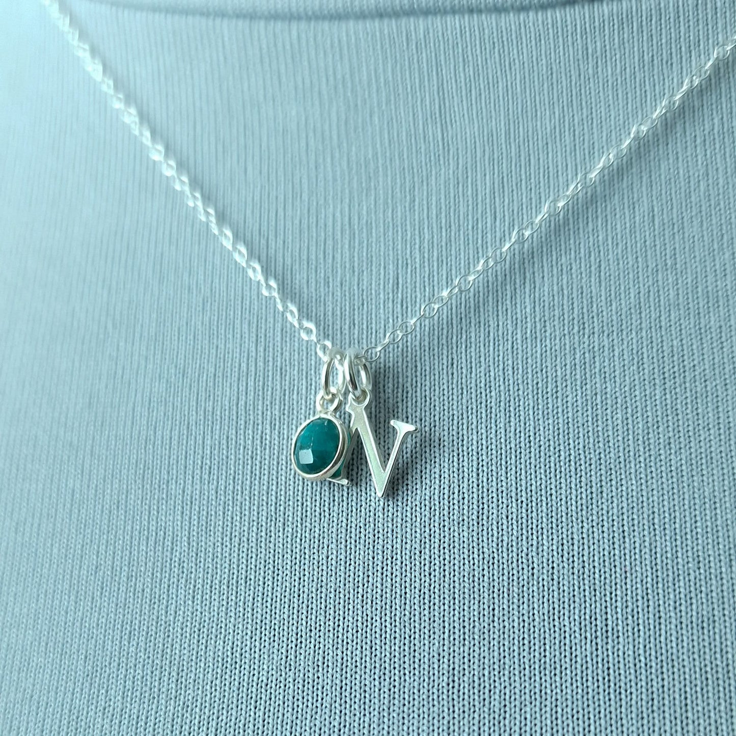 Initial Birthstone Necklace - Sterling Silver May Emerald Pendant for Taurus Birthday and Astrology Gifts