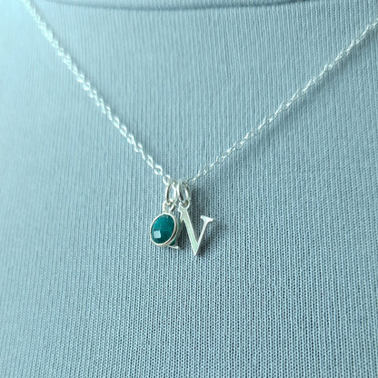 Initial Birthstone Necklace - Sterling Silver May Emerald Pendant for Taurus Birthday and Astrology Gifts