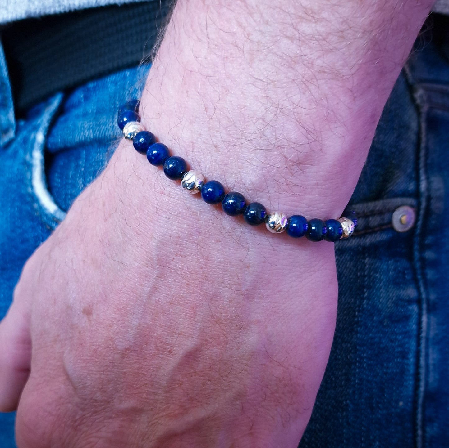 Lapis Lazuli beaded sterling silver gemstone bracelet for men