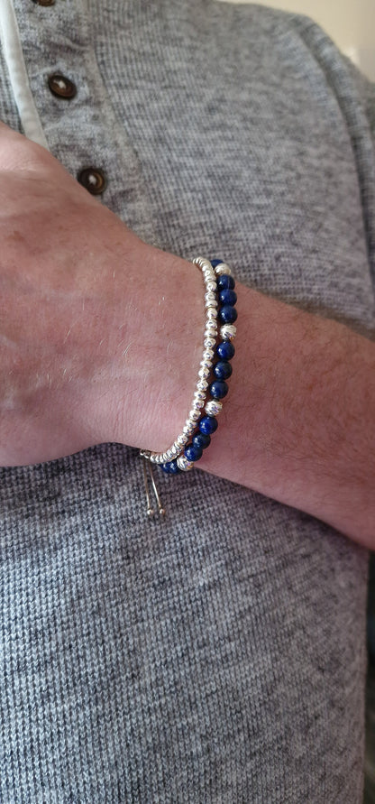 Mens sterling silver bracelet stack set of two, Lapis Lazuli beaded bracelet men, sterling silver stacking bracelet men's stone bracelet