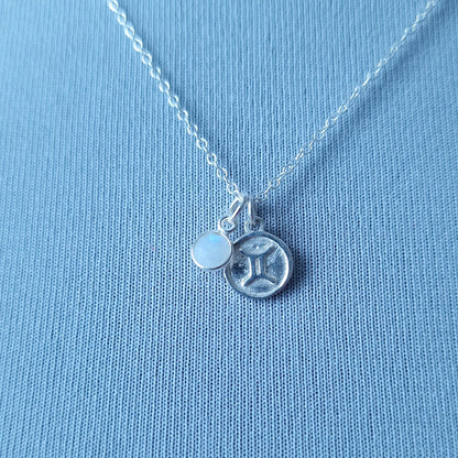 Silver Gemini Star Sign Necklace with Moonstone Birthstone