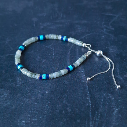 Mens Turquoise Beaded Sterling Silver Bracelet with Lapis and Labradorite Stones - Stylish Gift for Him