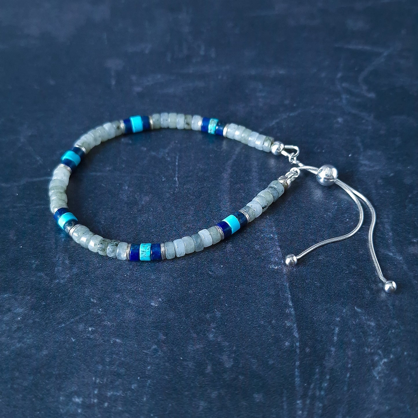 Mens Turquoise Sterling Silver Bracelet Stack Set - Stacking  Beaded Stone Bracelets for Him