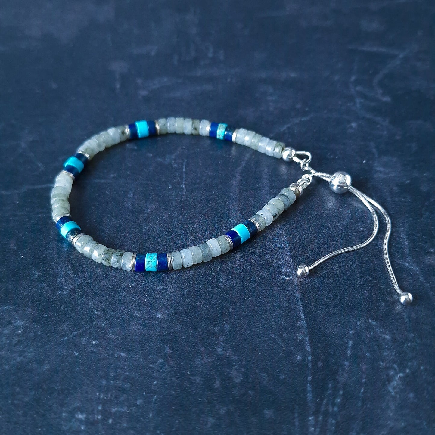 Luxury Mens Sterling Silver Bracelet Set with Turquoise Lapis and Labradorite Stones - Three Piece Stack