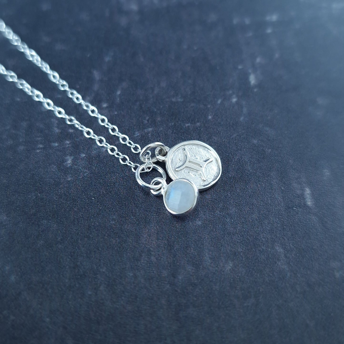 Silver Gemini Star Sign Necklace with Moonstone Birthstone